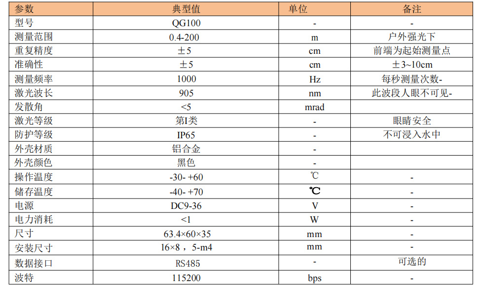 QG100 激光测距传感器